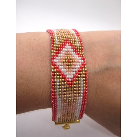Loom Beaded Bracelet Pink, Peach and Gold - Picture 1 of 4
